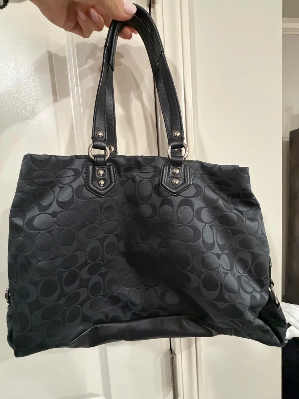 Vintage Coach Ashley Signature Convertible Black Jacquard Tote with Leather Trim